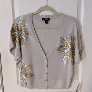 INC International Concepts Grey Cropped Cardigan with Sequins Size L
